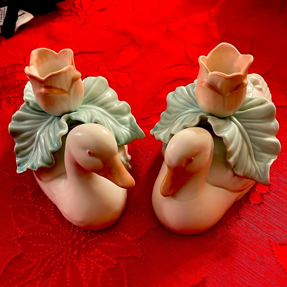 A pair of beautiful vintage pink duck candle holders